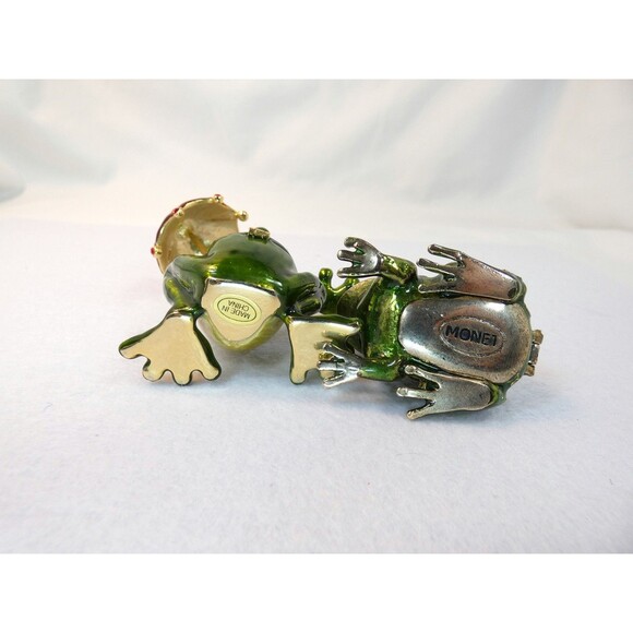 Two Pewter Enamel Rhinestone Frog Trinket Treasure Boxes Umbrella Monet Gift - Picture 6 of 7